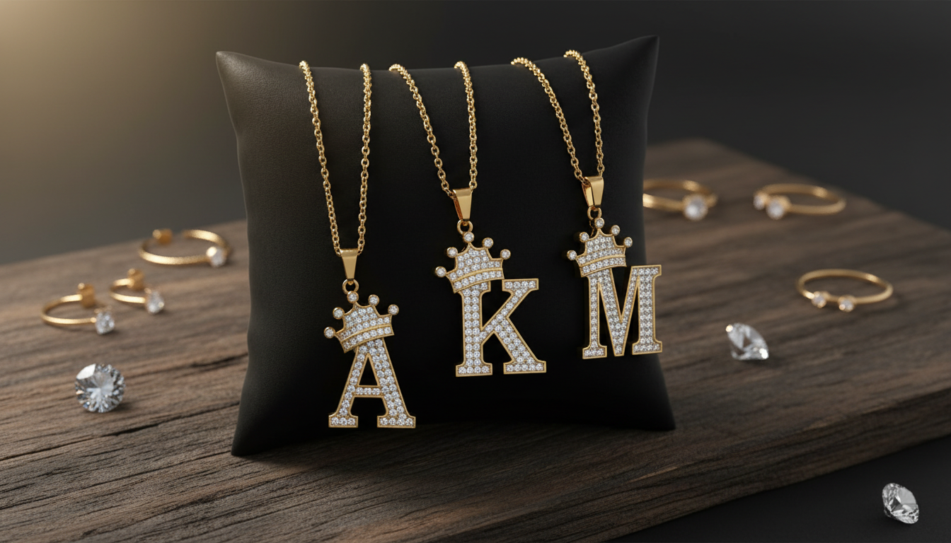 Crown Initial Necklace with Zircon Sparkle (Unisex)