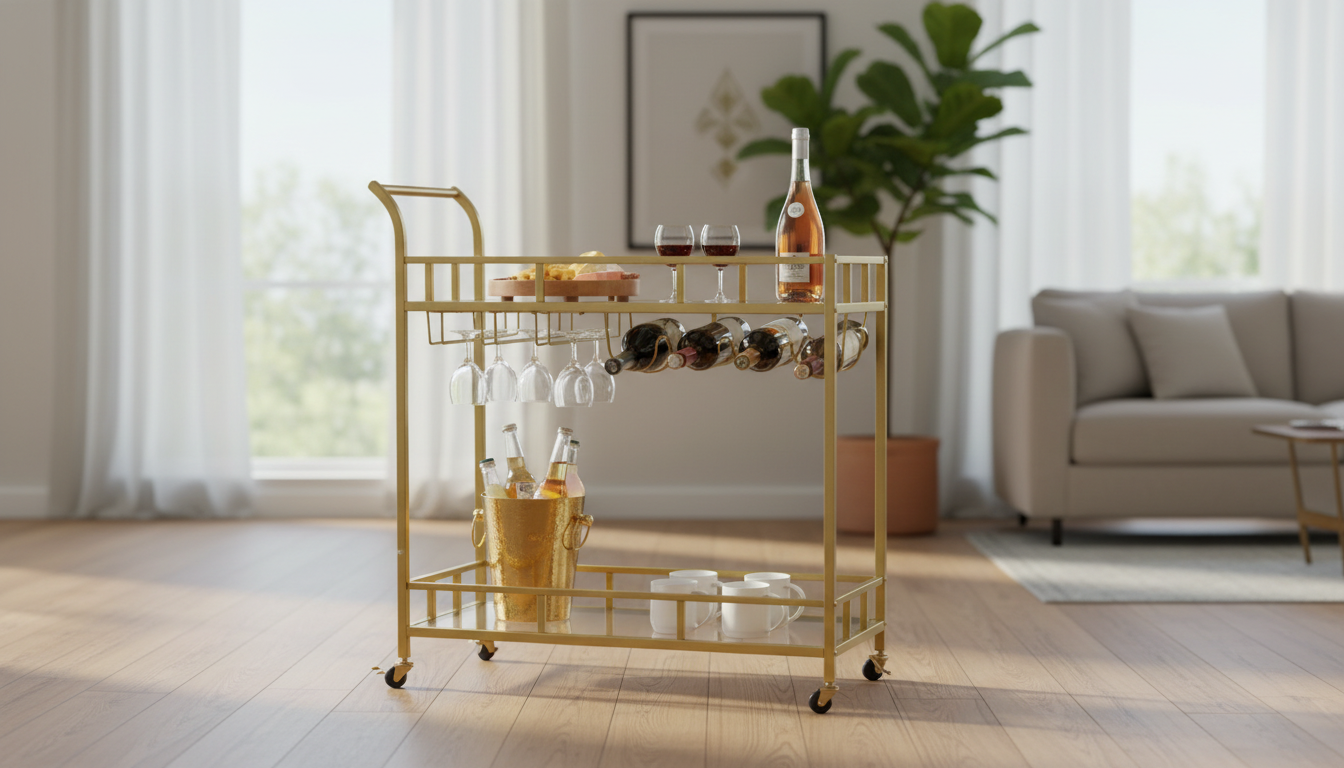 Gold Rolling Bar Cart: Locking Wheels + Glass Shelves