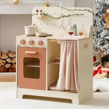 Rustic Wooden Play Kitchen for Kids: Lights, Apron & Gloves